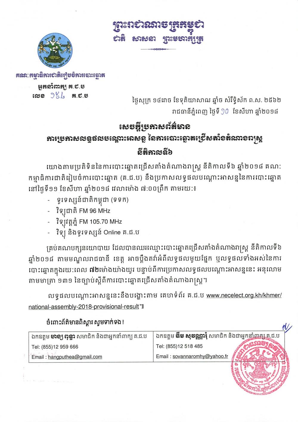 សេចក្ដីប្រកាសព័ត៌មាន លេខ ១៥៤៖ ការប្រកាសលទ្ធផលបណ្ដោះអាសន្ន នៃការបោះឆ្នោតជ្រើសតាំងតំណាងរាស្ត្រ នីតិកាលទី៦ 