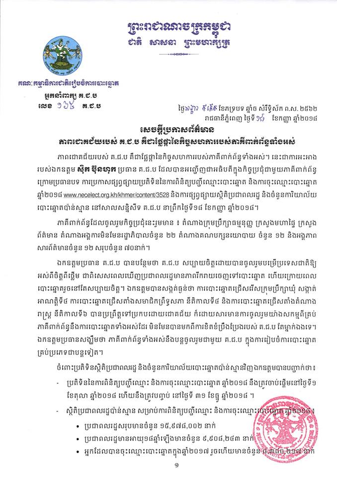 សេចក្តីប្រកាសព័ត៌មាន លេខ៖ ១៦៥ គ.ជ.ប ភាពជោគជ័យរបស់ គ.ជ.ប គឺជាផ្លែផ្កានៃកិច្ចសហការរបស់ភាគីពាក់ព័ន្ធទាំងអស់